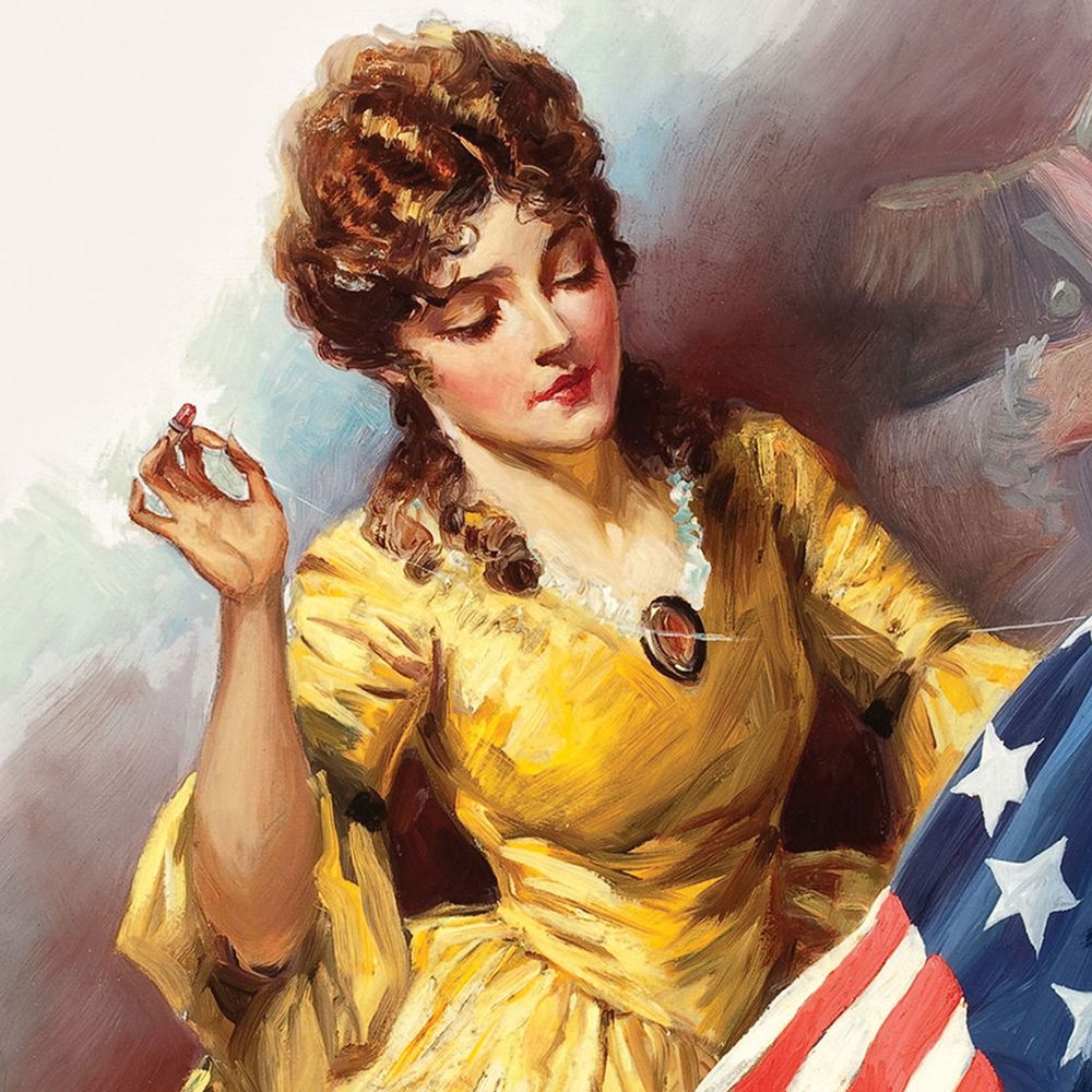 betsy ross painting that portrays her sewing an american flag, she wears a yellow dress with a white frill collar and a broach
