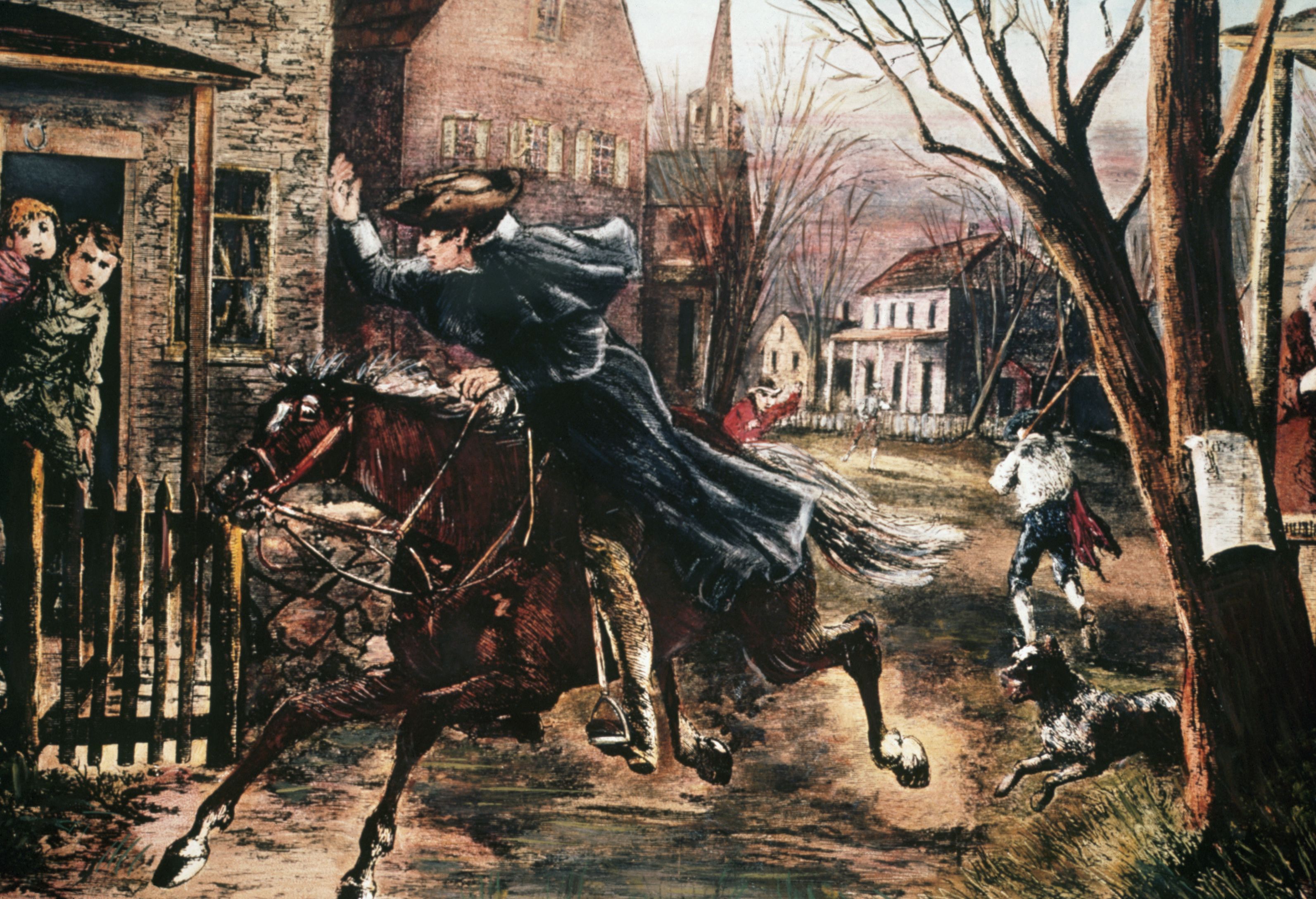 a man riding a galloping horse waves to two people staring out from a doorway, other buildings and people are in the background