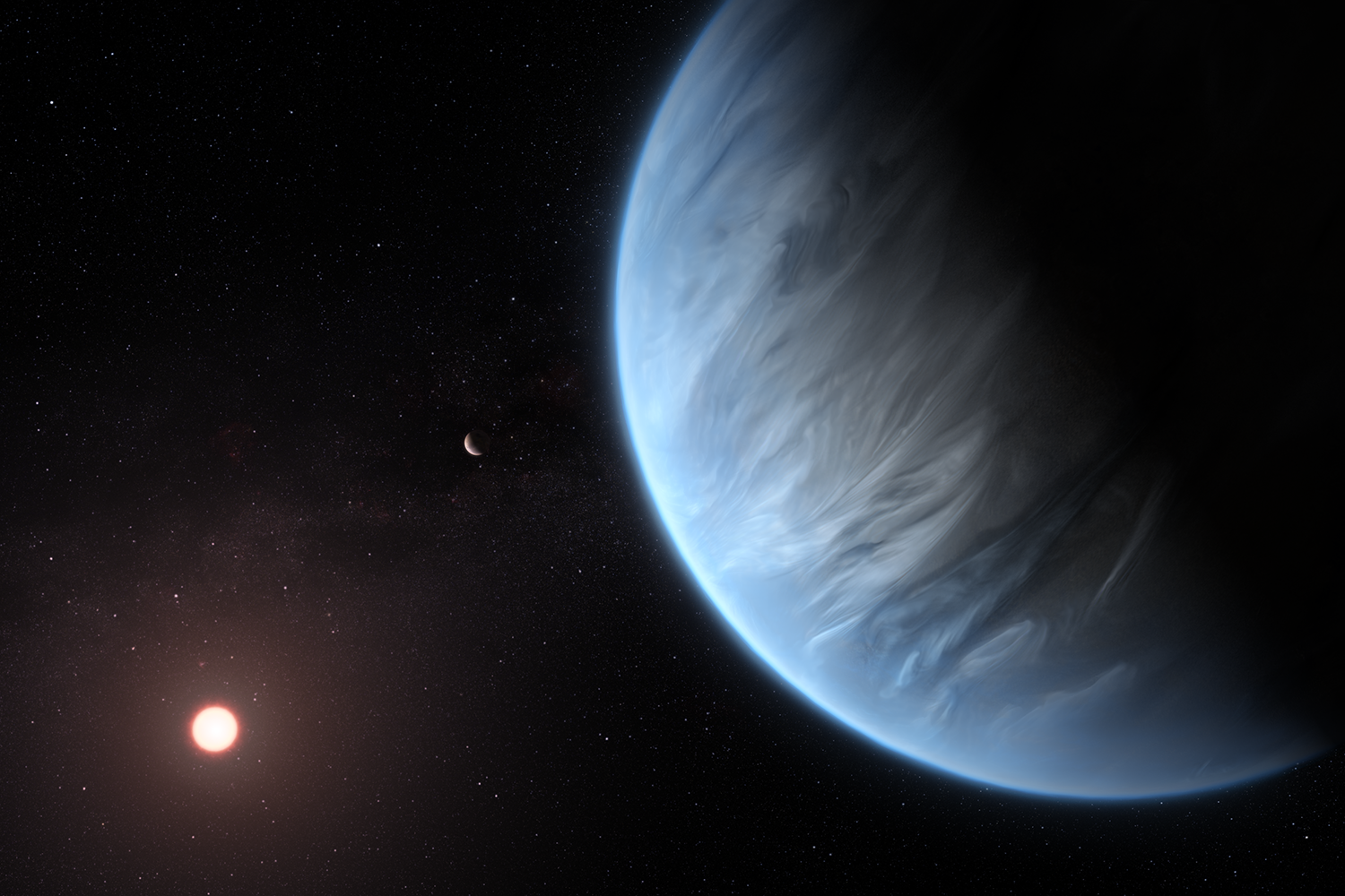 An image of an artist's impression shows the planet K2-18b, its host star, and an accompanying planet in this system.