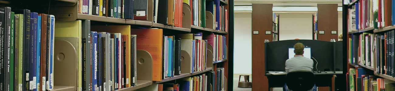 A student working in a study carrel, framed by two rows of book shelves