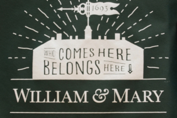 A graphic shows the outline of a building and the words who comes here belongs here, William & Mary