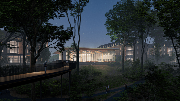 A rendering shows a bridge leading to a brightly lit building