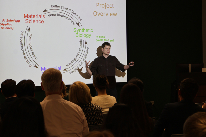 A person gestures while presenting in front of a screen that shows a circle with "project overview" as the title.