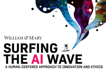 A graphic shows a figure surfing and text saying "Surfing the AI Wave."