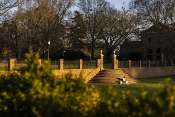 A student reads a book while sitting on the steps into the Sunken Garden as golden sunlight fills the space.