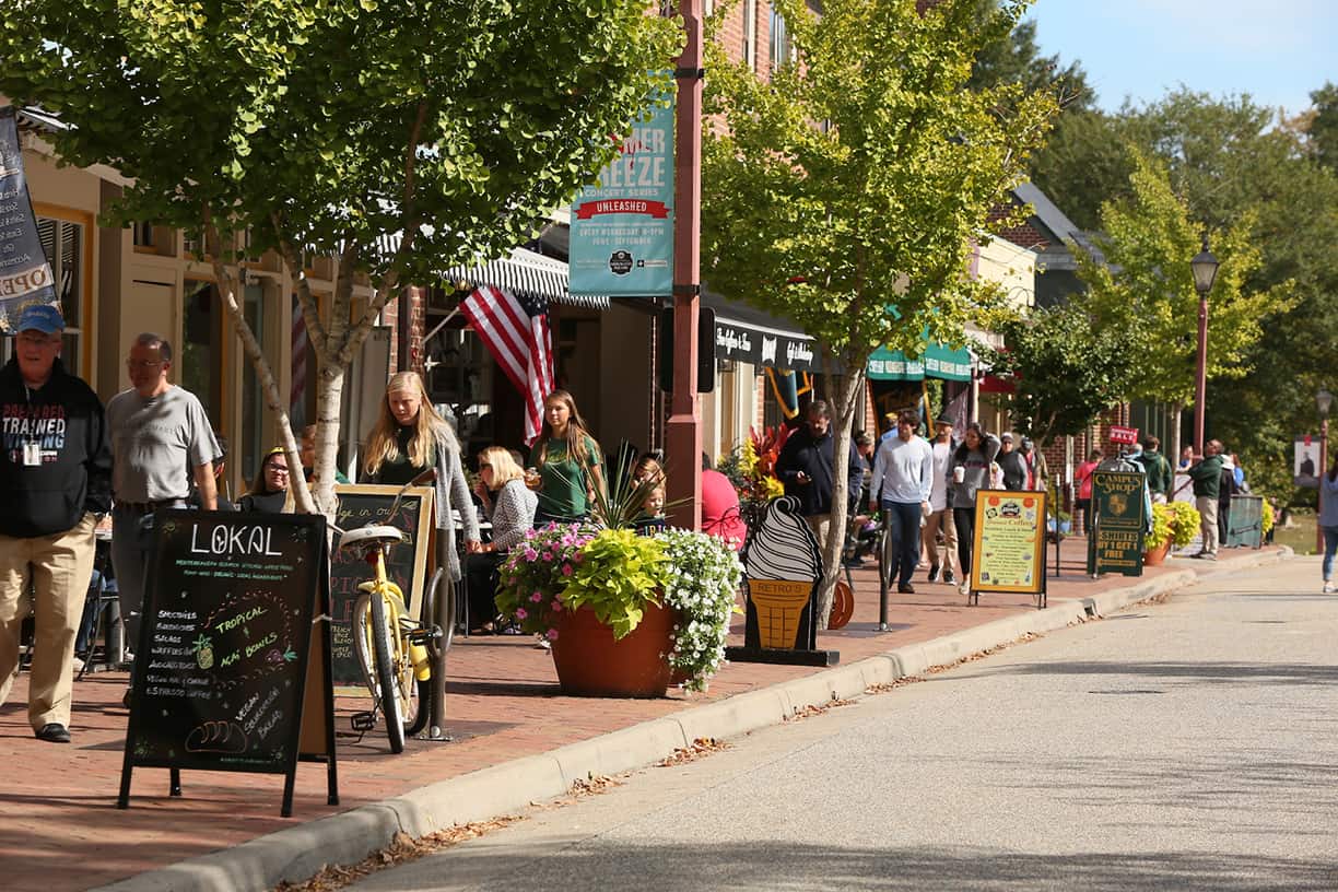 Visitors walking along a tree-lined street of small shops