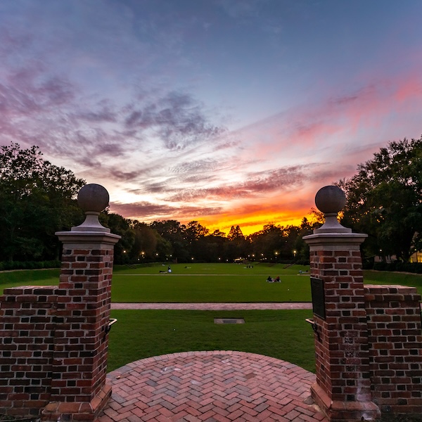 Sunken Garden brick entrance at sunset