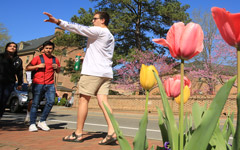 Tour guide walking backwards as he talks to students on a sunny spring day.