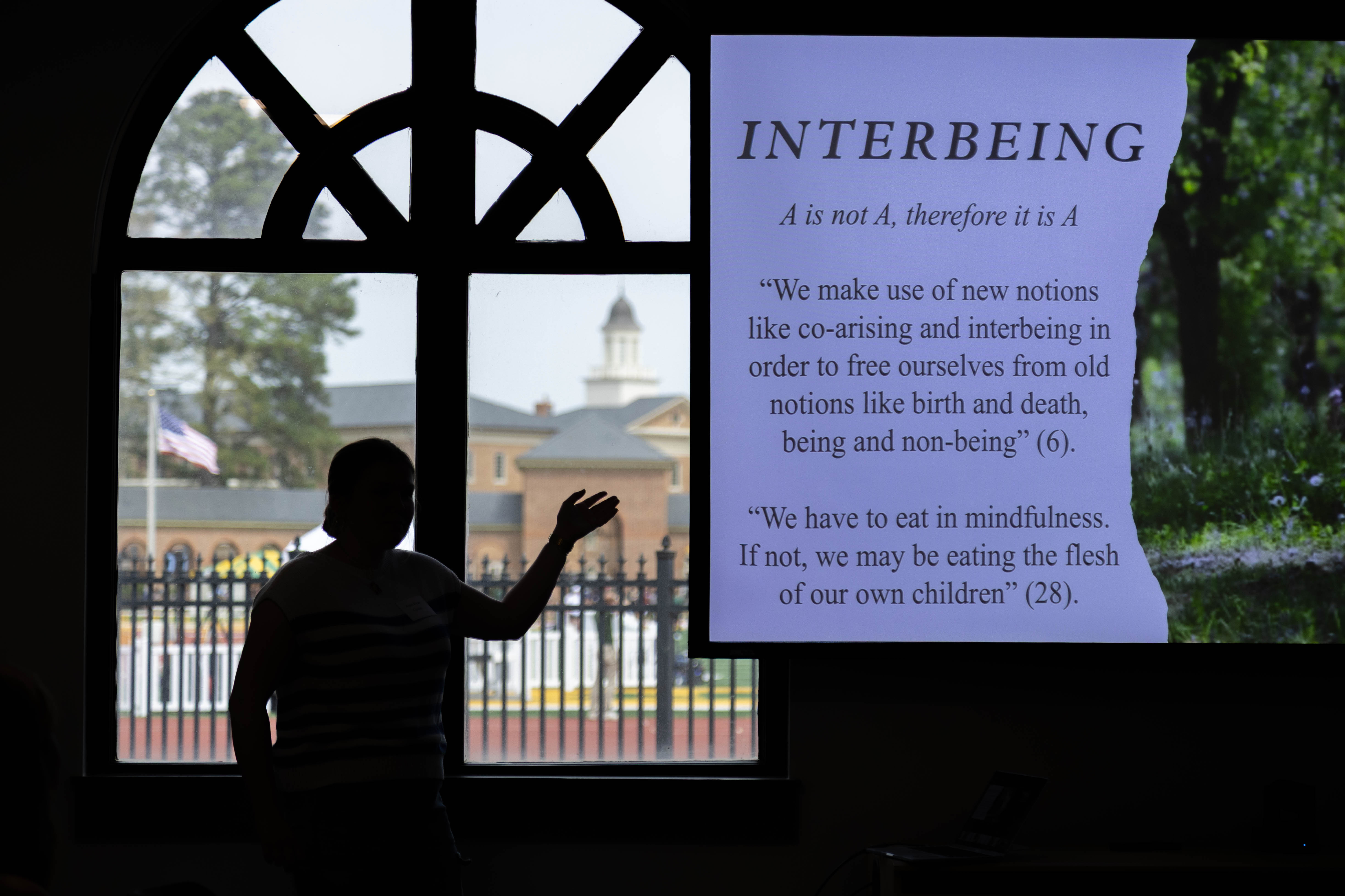 Senior Anne Ryan Gareis, a religioius studies and English double major, presents her research as part of the 2025 Charles Center Spring Honors Research Symposium featuring more than 100 W&M honors students April 4 in Sadler Center. (Photo by Tess Willett)