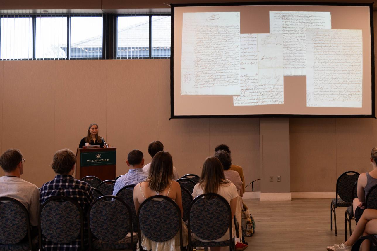 History major Charlotte Visconsi, a 2025 Barr Fellow and runner-up for the Barr Prize in Public Speaking, shares her research on "Liminal Spaniards: Expelled Moriscos as foreigners in law and Spaniards in legal practice" April 4 in Sadler Center. (Photo by Tess Willett)