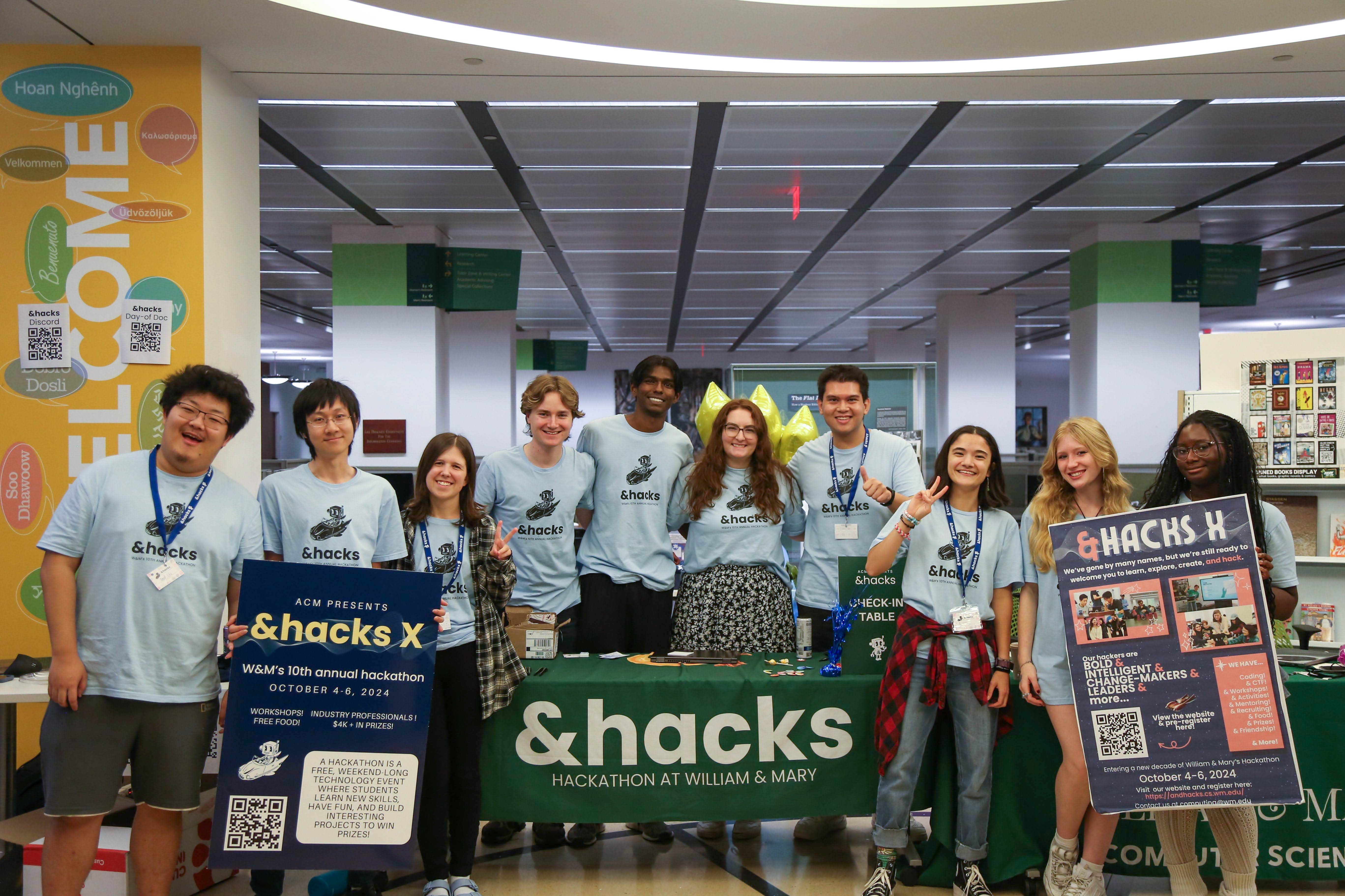 Students in &hacks X greet competitors and onlookers at the entrance to this year's Hackathon, held Oct. 4-6 in Swem Library. (Photo by Emmanuel Sampson)