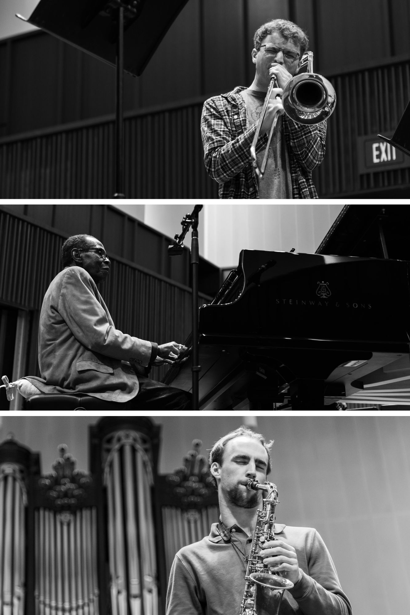 Legendary pianist George Cables (middle) shares the stage with students Alexander Wiggins (top) and Owen Tucker (bottom) in the Jan. 25 masterclass held in the W&M Music Arts Center Concert Hall. (Photos by Tess Willett)