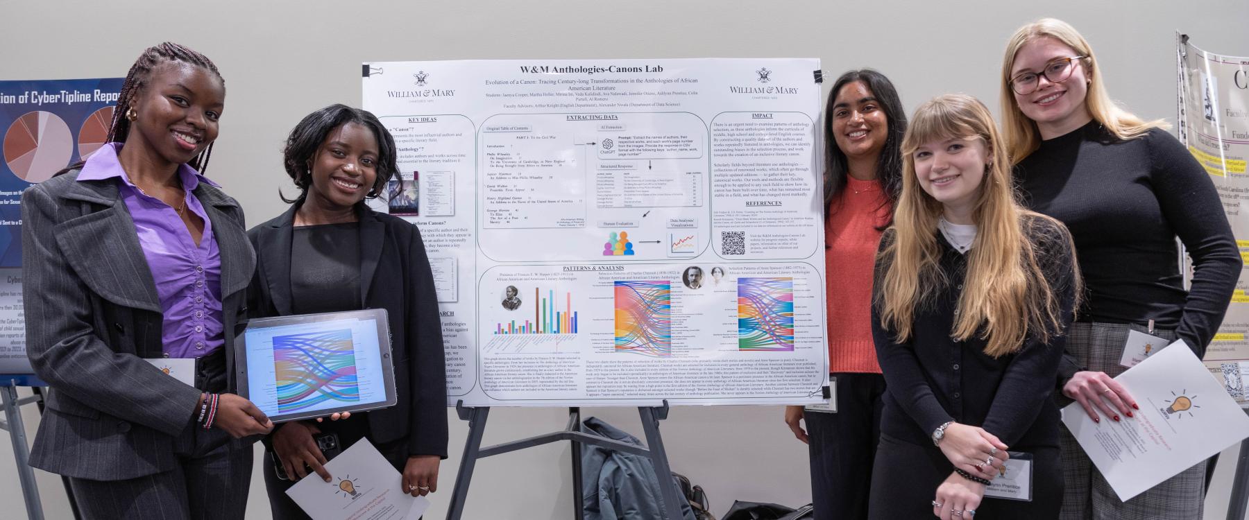Jennifer Otiendo '27, Jaenya Cooper '27, Veda Kalidindi '26, Ashlynn Prentice '26, and Martha Holler '25 present "Evolution of a canon: Tracing century-long transformations in the anthologies of African American literature" at the Capitol showcase Feb. 6. (Photo by Tess Willett)