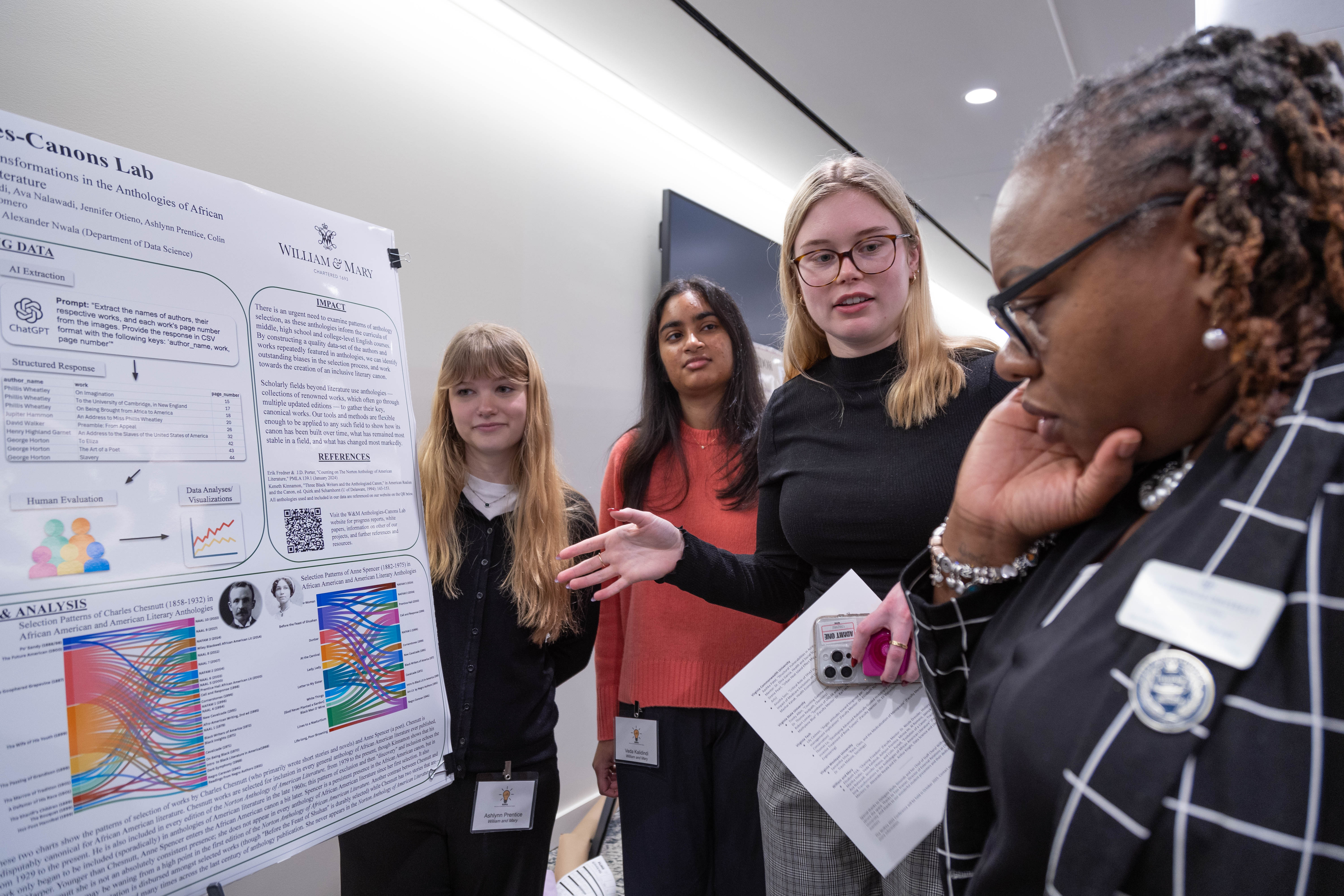 Ashlynn Prentice '26, Veda Kalidindi '26, and Martha Holler '25 (left to right) discuss their research as part of W&M's Anthologies-Canons Lab. (Photo by Tess Willett)