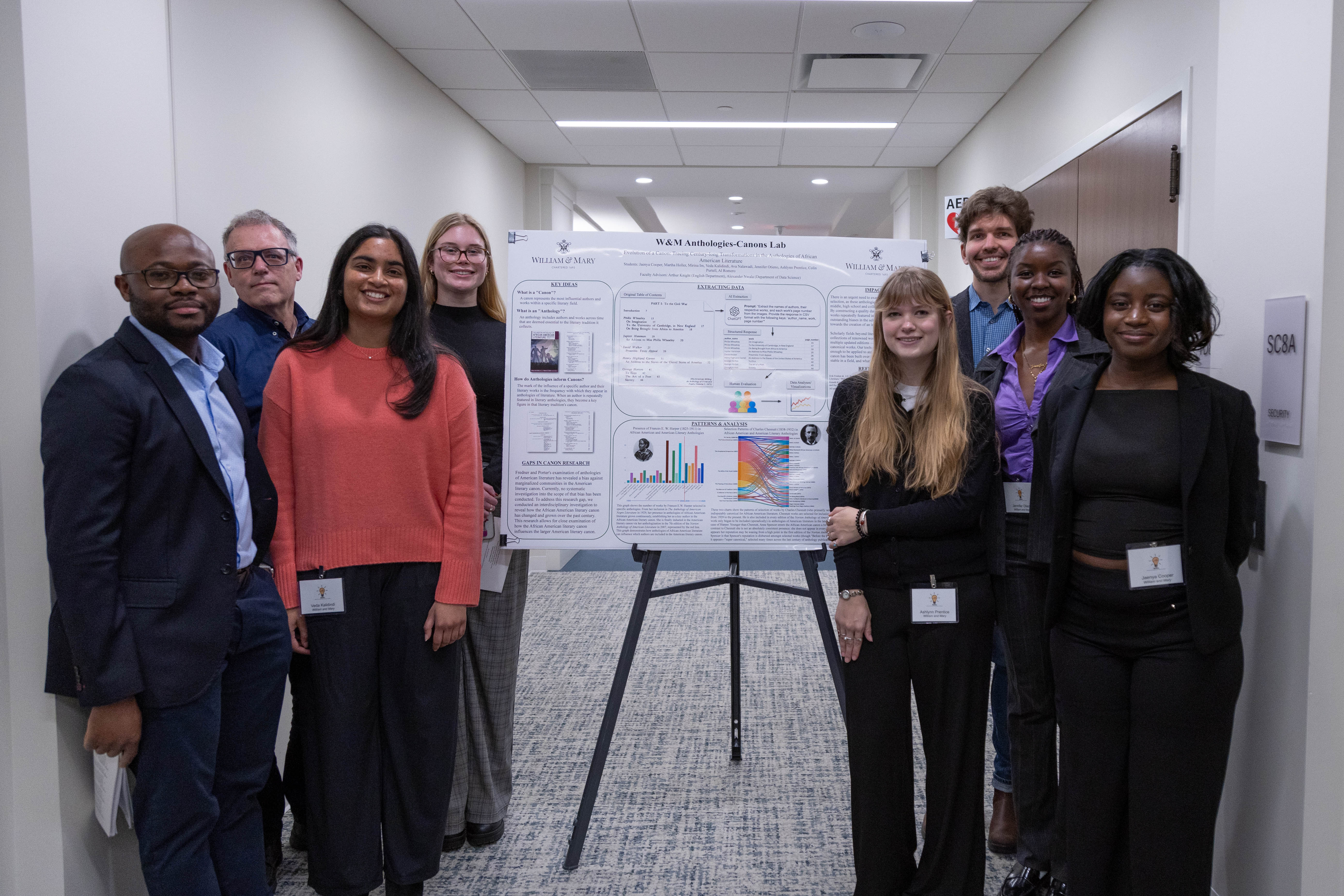 Assistant Professor of Data Science Alexander Nwala, Associate Professor of English and American Studies Arthur Knight, Veda Kalidindi '26, Martha Holler '25, Ashlynn Prentice '26, University of Richmond Visiting Assistant Professor of Data Science Erik Fredner, Jennifer Otiendo '27, and Jaenya Cooper '27 (left to right) present their research that combines data science and literature to examine how the African American literary canon has changed and grown over the past century. (Photo by Tess Willett)