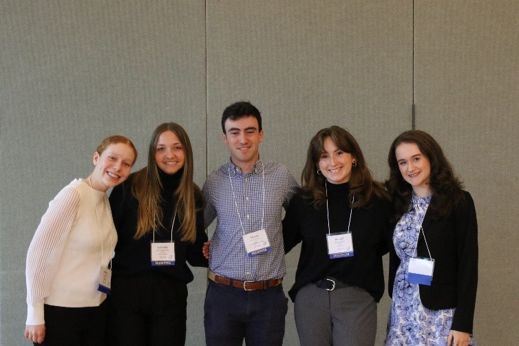 Biology major Jessica Horner '24, neuroscience major Gabrielle Riddlemoser '24, psychological sciences major Sam Gruber '24, history major Kendall McKinley '24, and government and anthropology double-major Erin Cearlock '24 (shown left to right) competed for the Inaugural Barr Prize in public speaking March 22 in Sadler. (Photo by Emmanuel Sampson)