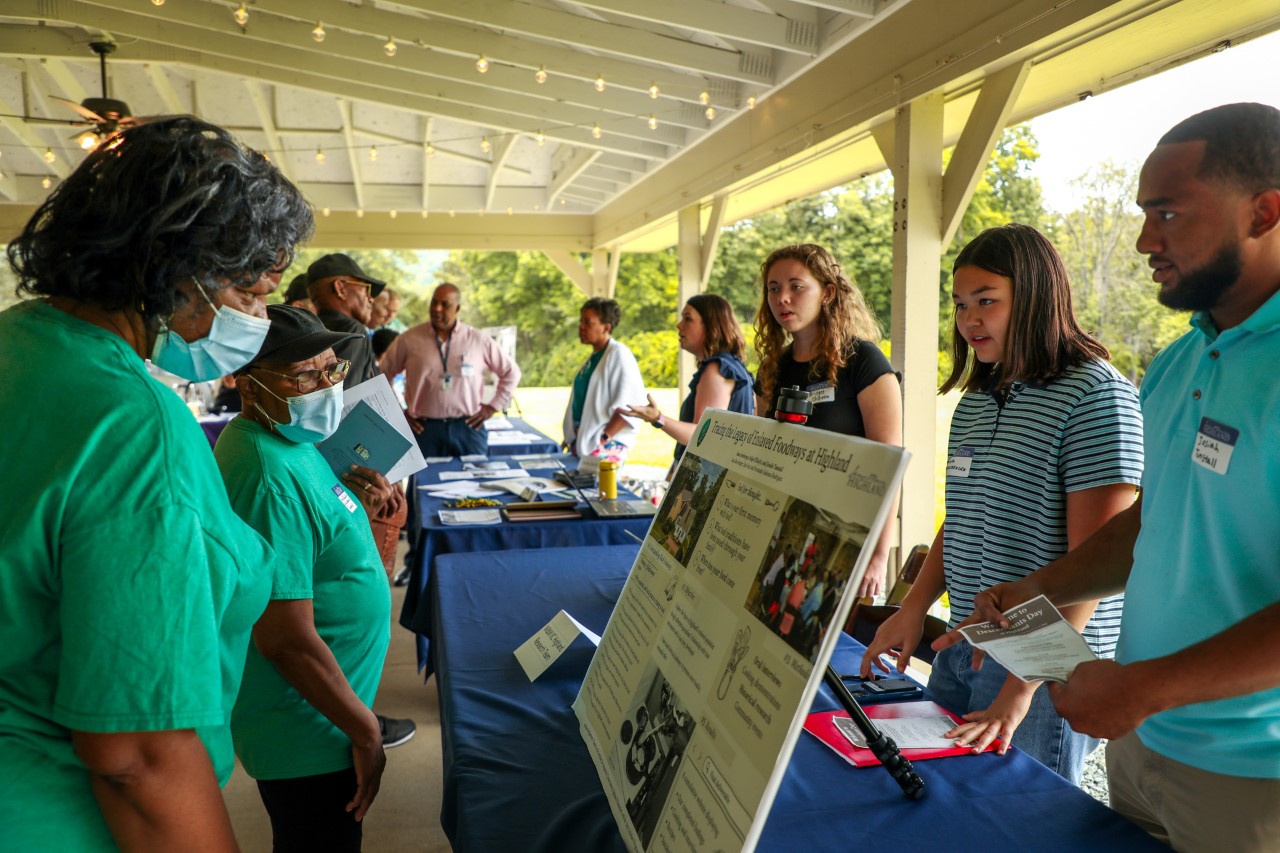 Josiah Tunstall '22, Anna Arnsberger '25, and Bridget O'Keefe '24 (foreground, from right to left) at James Monroe's Highland, Descendants Day, June 11, 2022. (photo by Grace Helmick)