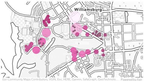 Distribution of washing and drying machines in William & 玛丽 campus housing, excluding fraternities that have no data. (map by Kaleea Korunka '25 and Kyle Lewis-Johnson '25)