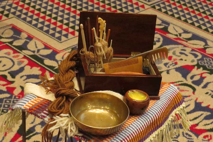 Collection of hairstyling equipment, part of Janet Stephens' Ancient Hairstyling session