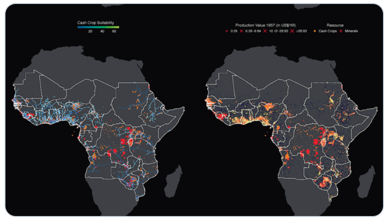 Comparative maps of the African continent showing agro-climatic suitability for cash crops.