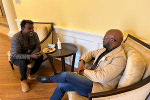 Story Exchange participants Sasikumar Balasundaram, Adjunct Lecturer of Asian and Middle Eastern Studies, left, and Jajuan Johnson, Postdoctoral Research Associate, The Lemon Project