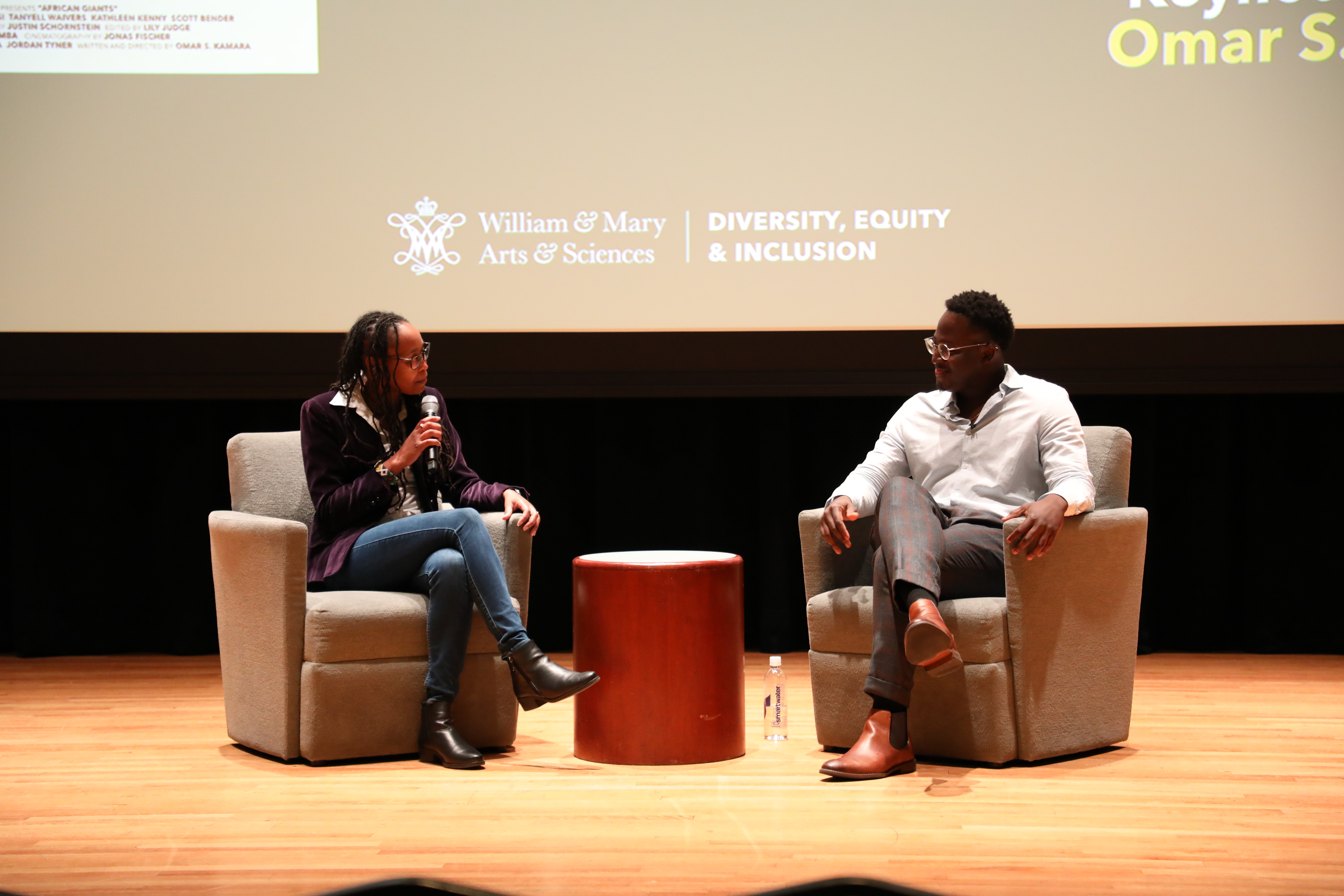 A&S Associate Dean for Diversity, Equity, & Inclusion, Wanjirũ Mbure and Omar Kamara '15 discuss his feature film during Q&A. (Photo by Emmanuel Sampson)