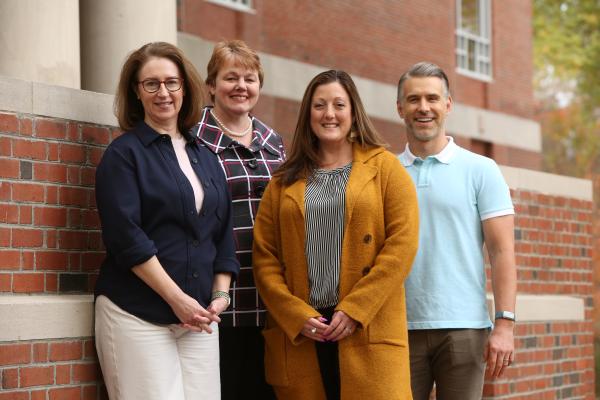 Members of the team representing W&M at the Institute on AI, Pedagogy, and the Curriculum (left to right): Lori Jacobson, Candice Benjes-Small, Katalin Wargo and Mark Deming (Photo by Stephen Salpukas)