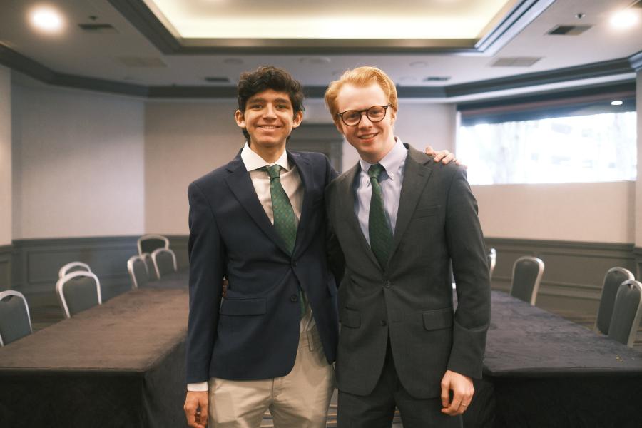 Bernardo Jimenez ’26 (left) and Sam Roach ’25 (right) at the 2024 Association for Practical and Professional Ethics Intercollegiate Ethics Bowl in Cincinnati, Ohio.