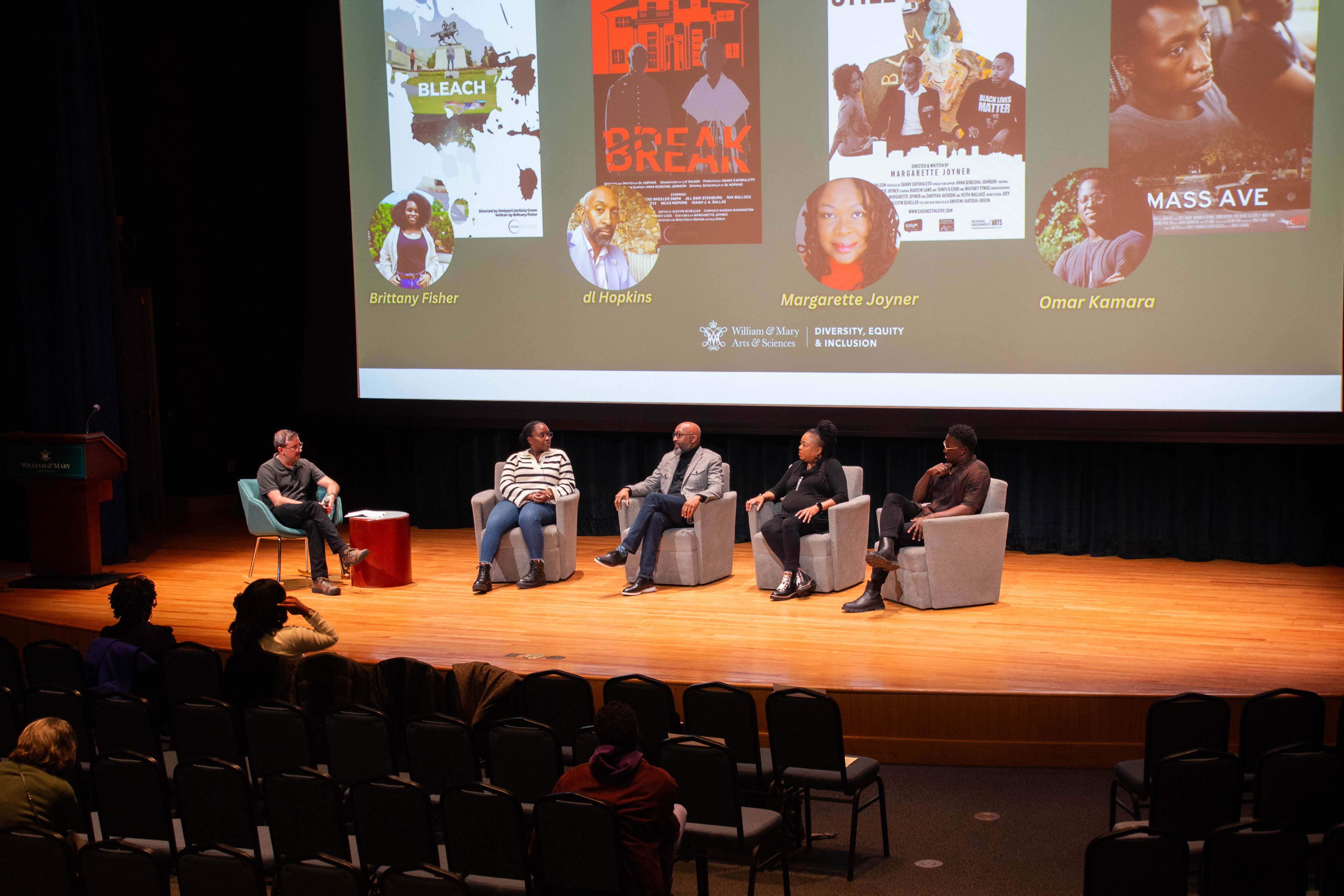 Filmmakers participate in a live Q&A session hosted by graduate student Derek Vouri-Richard. (Photo by Tess Willet)