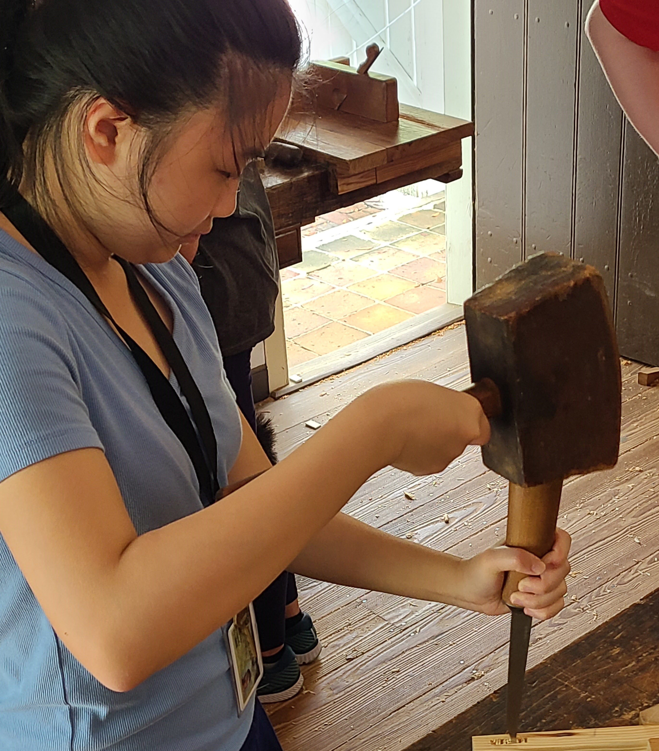 History 216 student in the Colonial Williamsburg Joiners' Shop