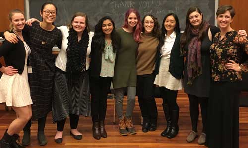  At the conference: Sarah Miner '19, Sheng Long '20, Holly Carpenter '17, Seema Sethi '18, Carley Toney '18, Lydia Funk '19, Dain "Dianne" Park '20, Clara Kobler '17, Sarah Frook Gallo, chorus director.