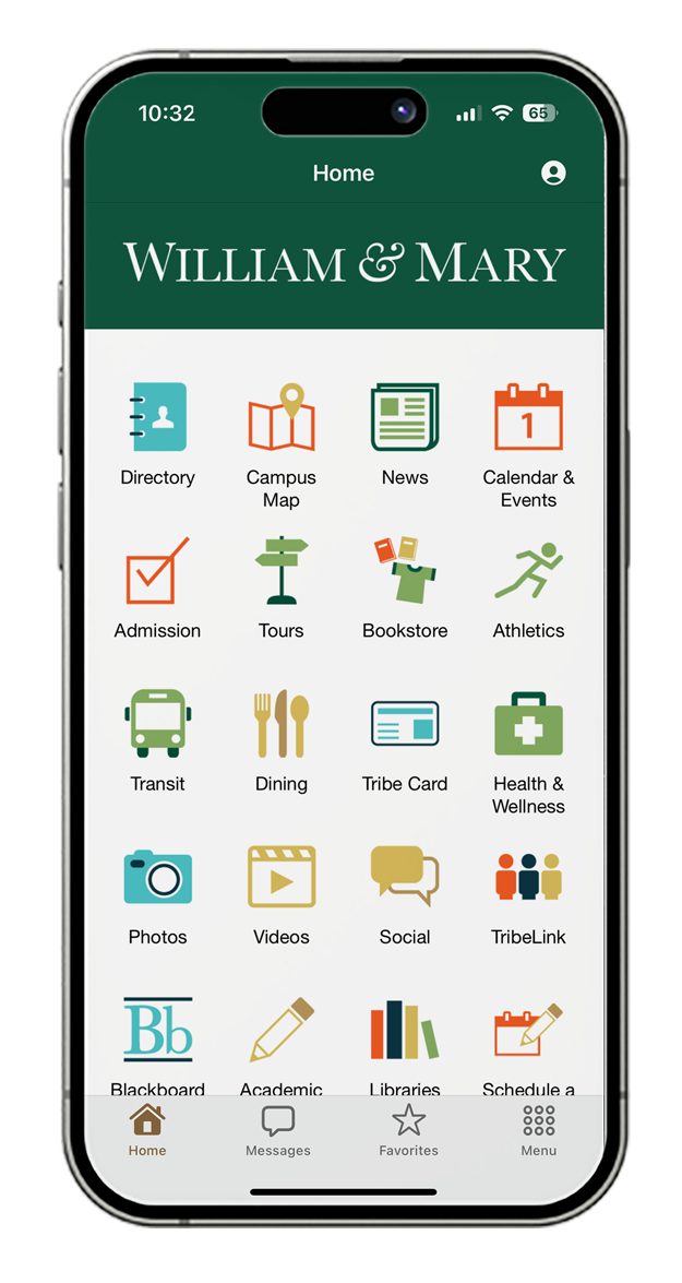 W&M Mobile app's home screen with a grid of icons