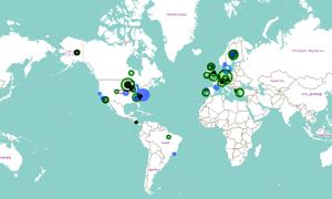An interactive map of terrestial (green) and aquatic (blue) studies included in the analysis. The larger the circle, the greater the number of ecological functions measure.