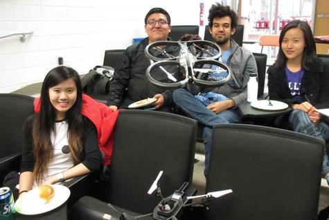 Best drone project: A team calling itself Drone Goals was made up of (from left) Mackenzie Morrow Foster ’17, Jose Acuna ’17, Nick Rance 17 and Shennie Yao. They hacked their quadcopter to do somersaults on voice command and to recognize and home in on objects, winning the top drone honors at tribeHacks ’16 Photo by Joseph McClain 