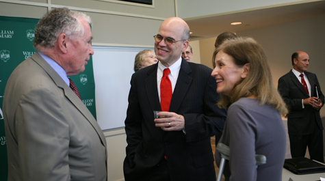 Halleran (center) speaks with former School of Education Dean Virginia McLaughlin and Colin Campbell, chairman emeritus of the Colonial Williamsburg Foundation, at the Presidential Roundtable on Affordability and Accountability in Higher Education in 2012. (Photo by Skip Rowland '83)