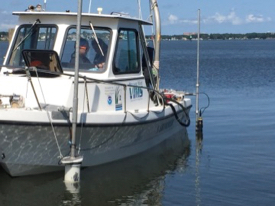 The researchers piloted their instrumented vessel slowly through each oyster farm and its surrounding area, using a bow-mounted acoustic Doppler current profiler to measure current speed and direction, and a stern-mounted datasonde to record chlorophyll, turbidity and dissolved oxygen. (Photo by Grace Massey/VIMS)