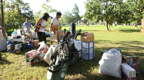 Piles of student dorm ware on the lawn