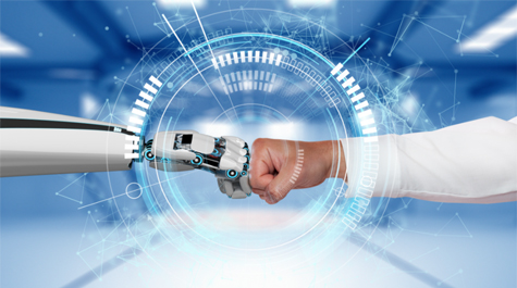 Graphic showing a robot hand and human hand fist-bumping