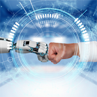 Graphic showing a robot hand and human hand fist-bumping