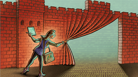 Illustration of researcher pulling back wall made from data