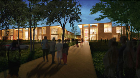 Rendering of two brick and glass buildings side by side
