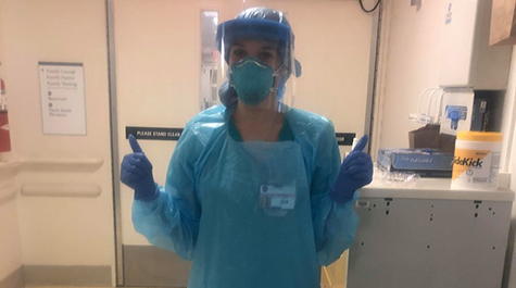 Photo of Stephanie Bevan wearing a personal protective equipment or PPE