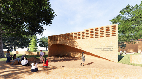 People sit around a brick structure like a hearth in an outdoor locationWinning concept: