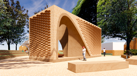 An artist's rendering shows a rectangular brick structure with an asymmetrical space at the bottom