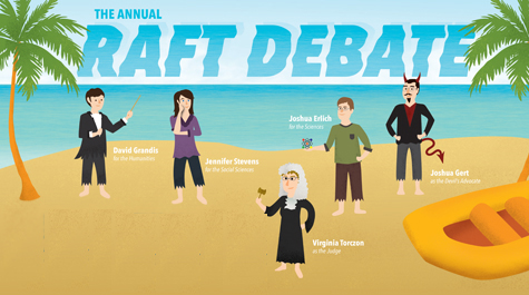 Cartoon characters stand on a beach