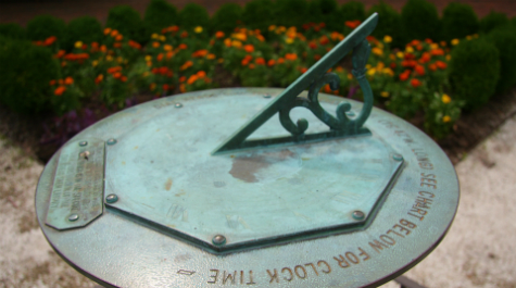 Closeup of sundial at Swem Library.