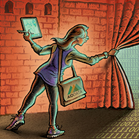 Illustration of researcher pulling back wall made from data