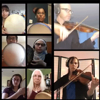 Ensemble members playing instruments in various squares on Zoom video