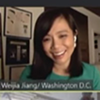 Weijia Jiang talks in a Zoom call 