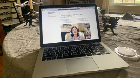 Laptop screeen showing Katherine Rowe with other guests shown down side of screen
